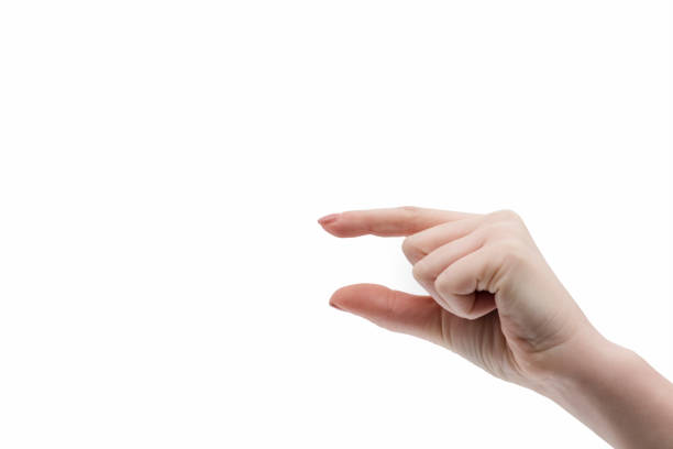 Female fingers shows something very tiny or small. Teeny tiny. Gesture. Small size icon. Penis size