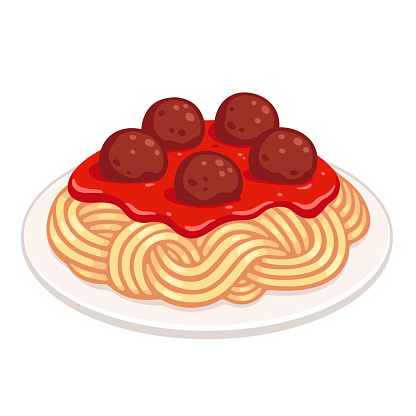 Cartoon plate of spaghetti with meatballs and tomato sauce. Classic pasta dish, isolated vector illustration.