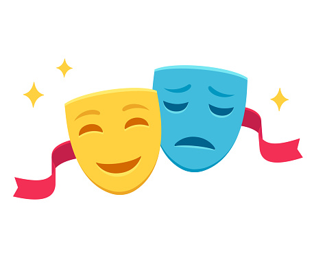 Comedy and tragedy masks with red ribbon, traditional symbol of theater. Yellow happy and blue sad face mask icon, simple cartoon vector illustration.