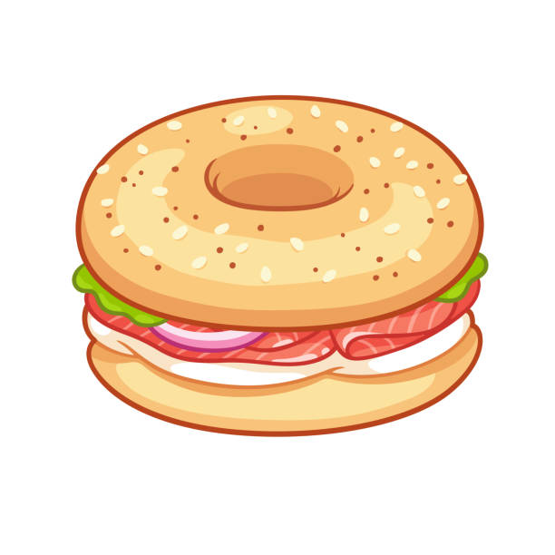 ilustraciones, imágenes clip art, dibujos animados e iconos de stock de bagel con queso crema y salmón - smoked salmon illustrations