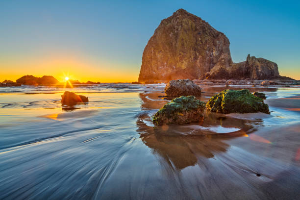 Oregon coastal region of the United States Sunset on Sea stack formations off the town of Cannon Beach on the Oregon Coast natural landmark stock pictures, royalty-free photos & images
