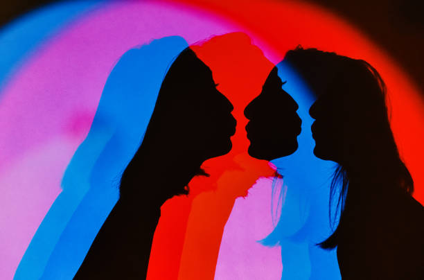 two lovers silhouette on neon light - homosexual beautiful sensuality love imagens e fotografias de stock