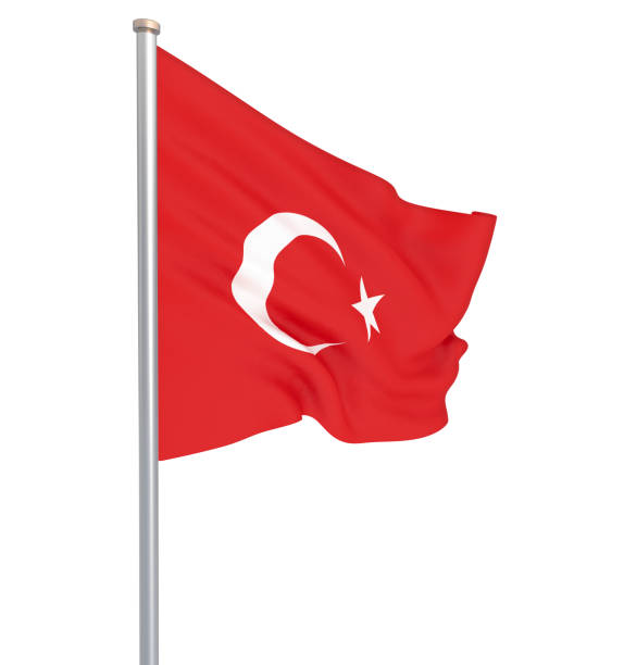 istock Turkey flag blowing in the wind. Background texture. 3d rendering; wave. Isolated on white. Illustration. 1145694329