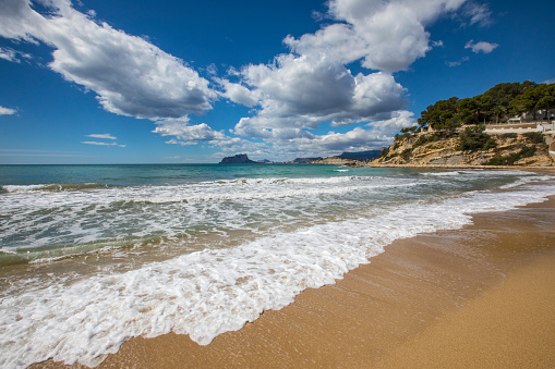 The view from El Portet Beach, also known as Playa del Portet or Cala El Portet in Moraira, the Costa Blanca region of Spain.