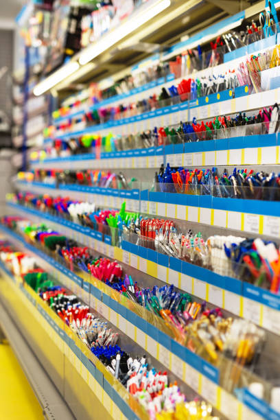 istock Image of shelves with a different pens and stationery 1145697185