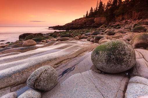 Stones on Otter cliffs coast at sunset, Acadia National Park, Mount Desert Island, Maine, USA