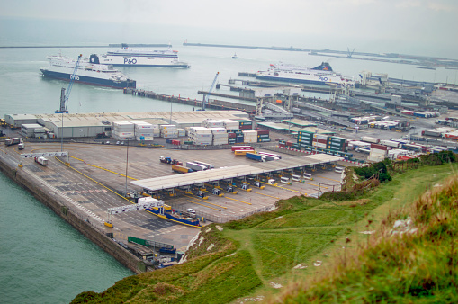 Port of dover visible from the top of the hill at kent in uk