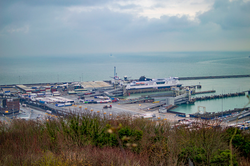 The dover port of sea with lots of containers and water in kent
