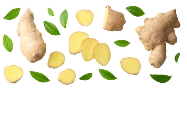 istock sliced ginger with leaves isolated on white background top view 1145703850
