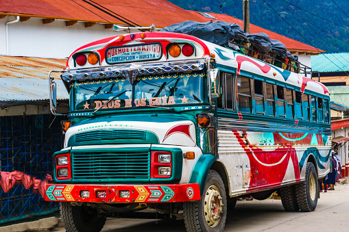 30th April 2016: View on public bus in small village Todos Santos de Chuchumatan in Guatemala