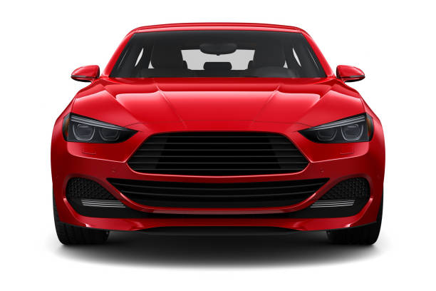 ilustración 3d de la vista frontal de coche rojo genérico - carro rojo fotografías e imágenes de stock