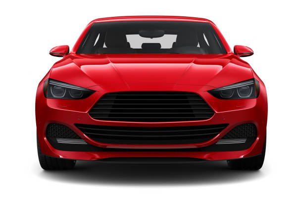 3d иллюстрация общий красный автомобиль - вид спереди - вид спереди стоковые фото и изображения