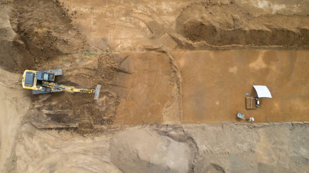 istock Construction site and machinery, archaeological site - aerial view 1145720659