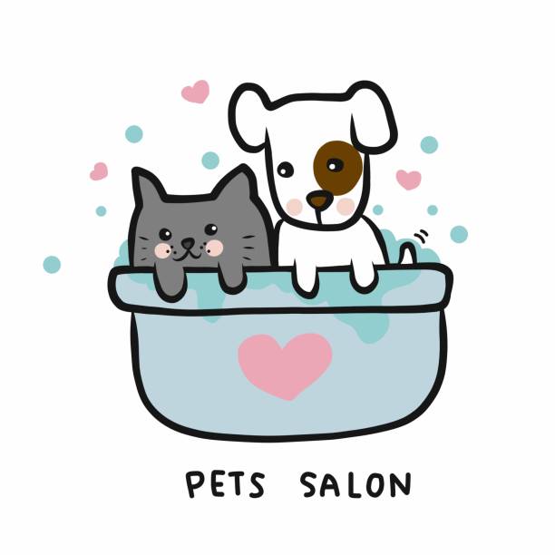 ilustrações de stock, clip art, desenhos animados e ícones de dog and cat in shower bathtub , pets salon cartoon vector illustration doodle style - dog bathtub washing puppy