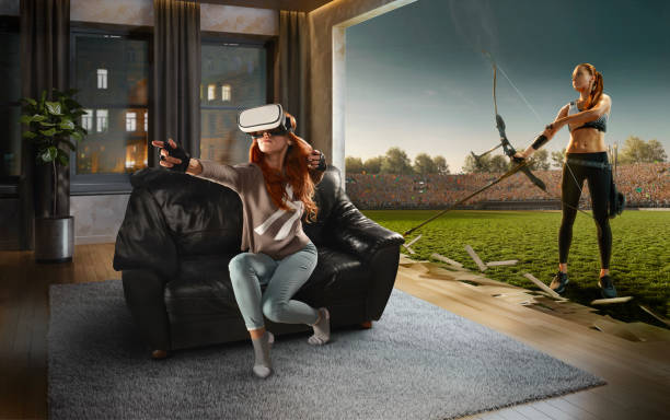 istock Woman in VR Glasses. Virtual Reality with Archery 1145727615