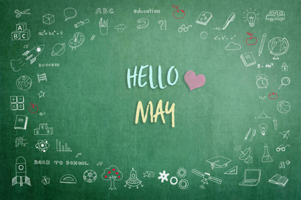 istock Hello May greeting on green school teacher's chalkboard with creative student's doodle of learning education graphic freehand illustration icon for back to school month concept 1145727698