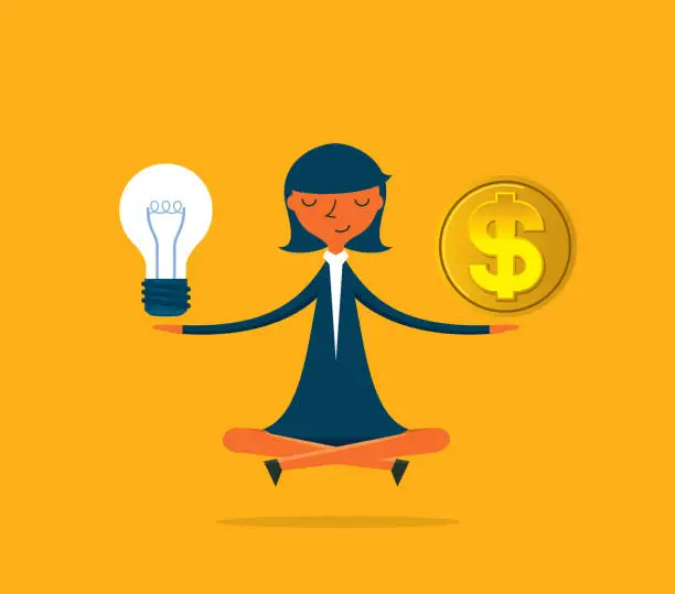 Vector illustration of Light bulb, money, balance - Businesswoman