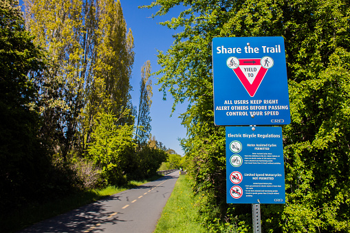 Victoria, Canada - April 28, 2019. The Lochside Trail in Saanich connects pedestrians and cyclists from downtown Victoria to Sidney.