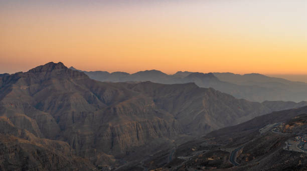 Panorama on Hajar Mountains at night from Jebel Jais view point stock photo