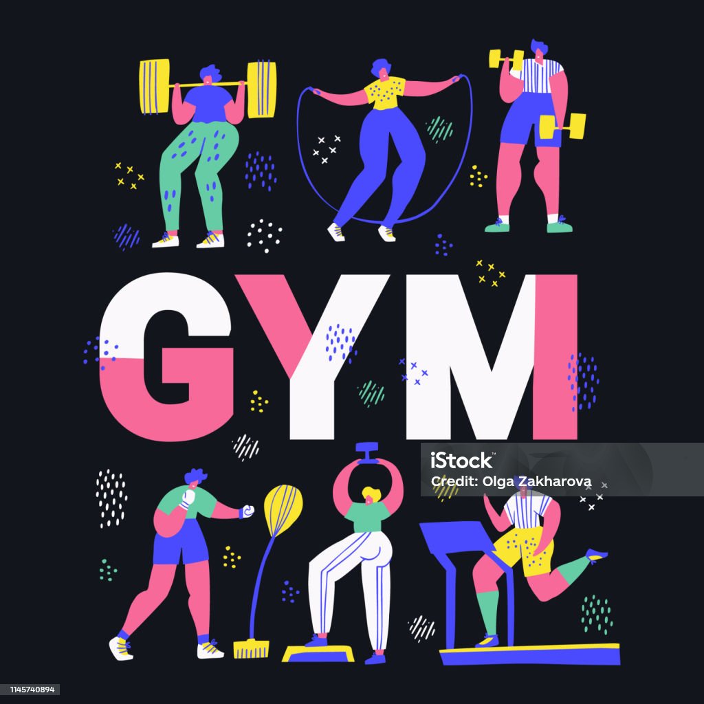 Gym, fitness center hand drawn word concept banner Gym, fitness center hand drawn word concept banner. Tiny people in sportive clothes cartoon characters. Working out, training exercises hand drawn vector illustration. Sport poster cartoon design Exercising stock vector