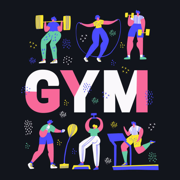 Gym, fitness center hand drawn word concept banner Gym, fitness center hand drawn word concept banner. Tiny people in sportive clothes cartoon characters. Working out, training exercises hand drawn vector illustration. Sport poster cartoon design gym illustrations stock illustrations