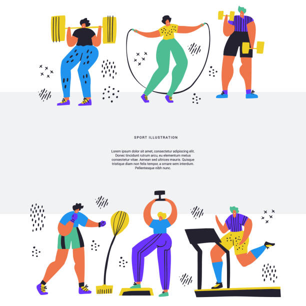 Training, workout hand drawn flat illustration Training, workout hand drawn flat illustration. People in sportswear doing exercises cartoon characters. Jumping rope, boxing, jogging, barbell squats. Fitness magazine article layout with text space health club illustrations stock illustrations