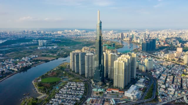 Hyperlapse aerial view of Ho Chi Minh City skyline in Vietnam