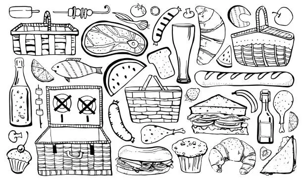 Vector illustration of Picnic, summer eating out and barbecue food set. Outline vector sketch illustration