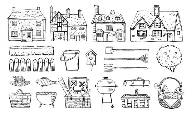 Vector illustration of Old Europe coutryside houses, plants, picnic goods and  garden tools. Vector sketch outline hand drawn illustration