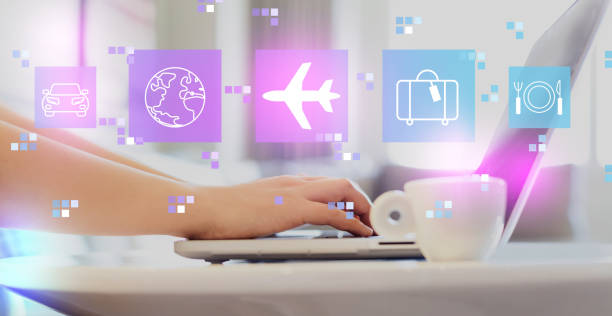 istock Airplane travel theme with woman using a laptop 1145742633