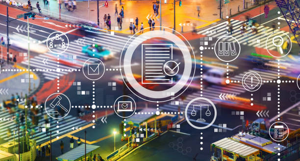 istock Compliance theme with city traffic intersection 1145743999