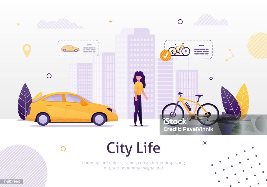 Woman Prefering Driving Bicycle to Car Banner. Woman Prefering Driving Bicycle to Car Banner Vector Illustration. Girl Choosing Healthy Lifestyle instead of Going by Vehicle. City Life with High Buildings. Transportation around Town. Car stock vector