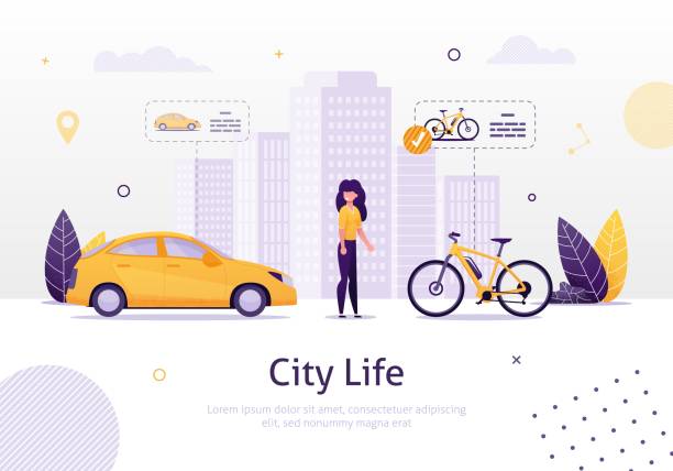 Woman Prefering Driving Bicycle to Car Banner. Woman Prefering Driving Bicycle to Car Banner Vector Illustration. Girl Choosing Healthy Lifestyle instead of Going by Vehicle. City Life with High Buildings. Transportation around Town. traffic illustrations stock illustrations