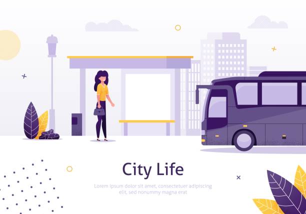 City Life with Girl Standing in Bus Stop Banner. City Life with Girl Standing in Bus Stop Banner Vector Illustration. Cartoon Woman Waiting for Vehicle. Transportation around Town. High Buildings. Passenger Going to Transport Flat. bus illustrations stock illustrations