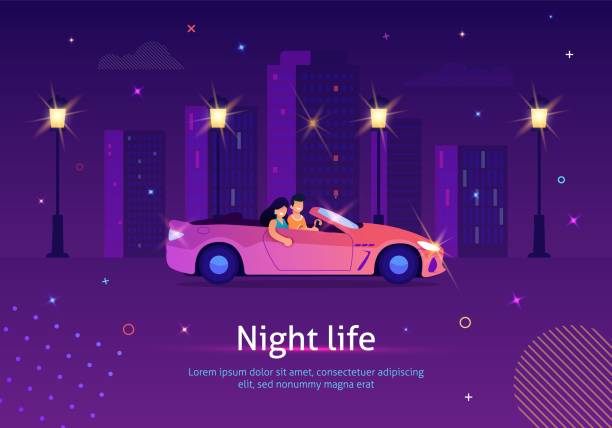 Couple of People Driving Cabriolet Car at Night. Couple of People Driving Cabriolet Car at Night Banner Vector Illustration. Night Life in Big City. Cartoon Man and Woman in Convertible Luxury Vehicle on Town Street with Building on Background. woman driving car night stock illustrations