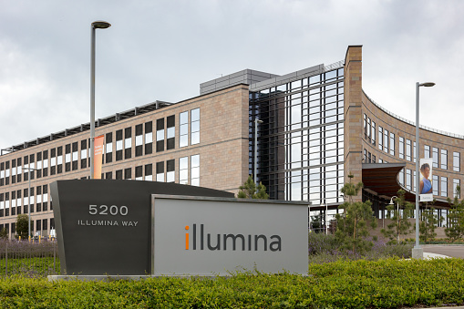 View of the street and building sign of the Illumina company,  San Diego, California, USA on April 28th, 2019