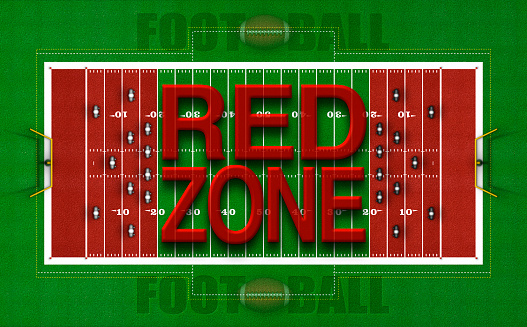 Digital Illustration of the top view of an American football field with color and text illustrating the Red Zones. 3D Illustration