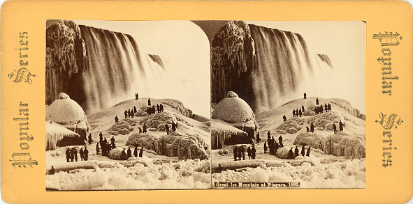 Great Ice Mountain at Niagara Falls (American Falls, New York, USA) 1883 stereograph card. Original 7 inch x 3.5 inch at 460 dpi.