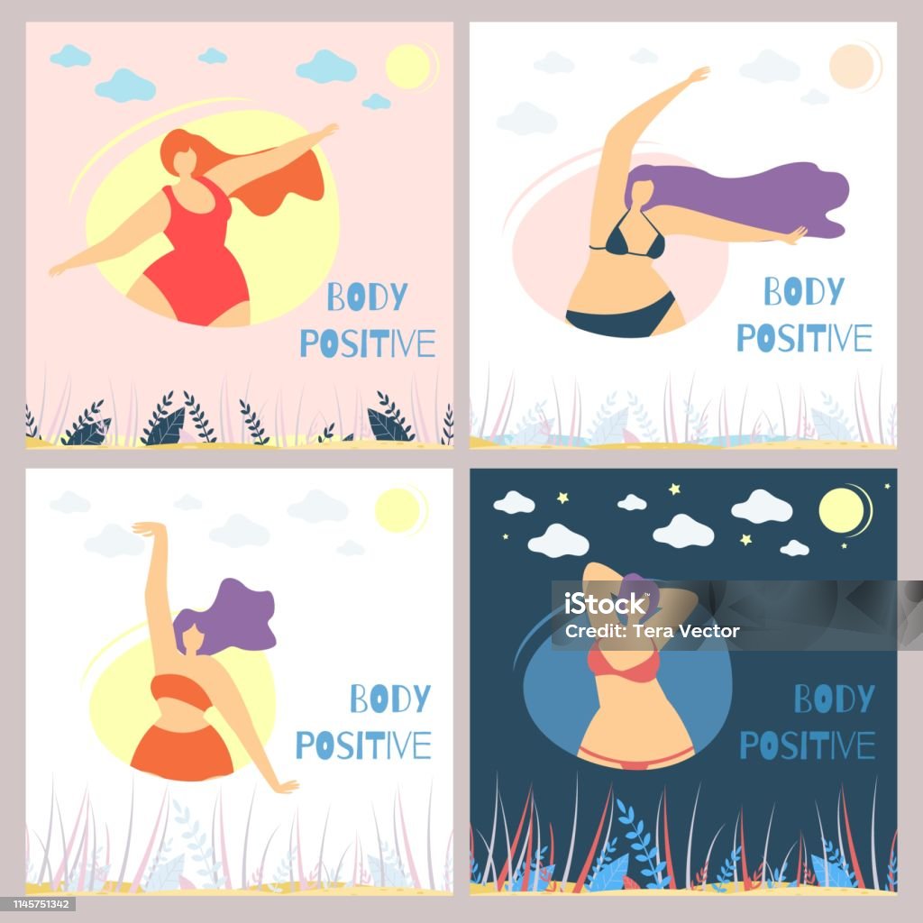 Set of Body Positive Woman Flat Card Template Set of Body Positive Motivational Woman Flat Card Template Plus Size Women in Bikini Isolated Posing Elegant in Rounds under Natural Landscape Vector Cartoon Doodle Illustration Modern Social Concept Characters stock vector