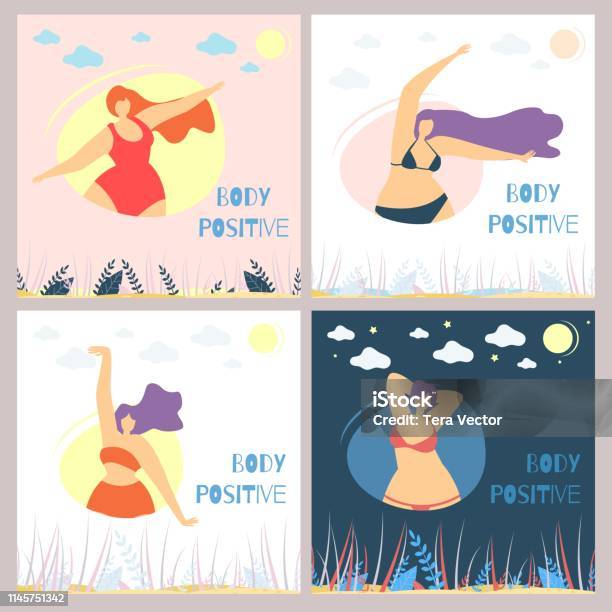 Set Of Body Positive Woman Flat Card Template Stock Illustration - Download Image Now - Characters, Competition Round, Modern