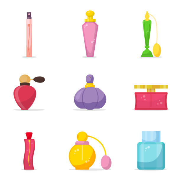 Perfume color glass bottles illustrations set Perfume color glass bottles flat vector illustrations set. Cartoon girl style items pack. Isolated collection of different women trendy cologne icons. Makeup, beauty, wellness, fashion perfume stock illustrations