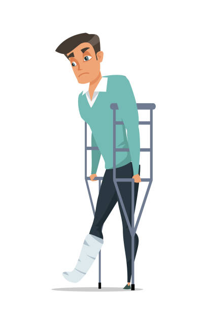 Sad man with broken leg flat vector illustration Sad man with broken leg flat vector illustration. Cartoon male with crutches. Health insurance client character. Injury, trauma. Active sports, car crash accident effect. Foot bone fracture treatment car crash accident cartoon stock illustrations