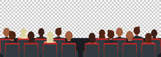 Cinema, theater audience flat illustration Cinema, theater audience flat illustration. Man and women sitting at seats back view vector drawing. People watching movie, play cartoon characters on transparent background. Entertainment industry audience illustrations stock illustrations
