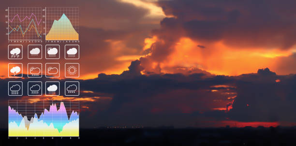 Weather forecast symbol data presentation with graph and chart on summer twilight tropical season background. stock photo