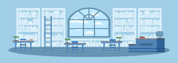 도서관, 내부, 평면 벡터 일러스트 - bookstore book stack backgrounds stock illustrations