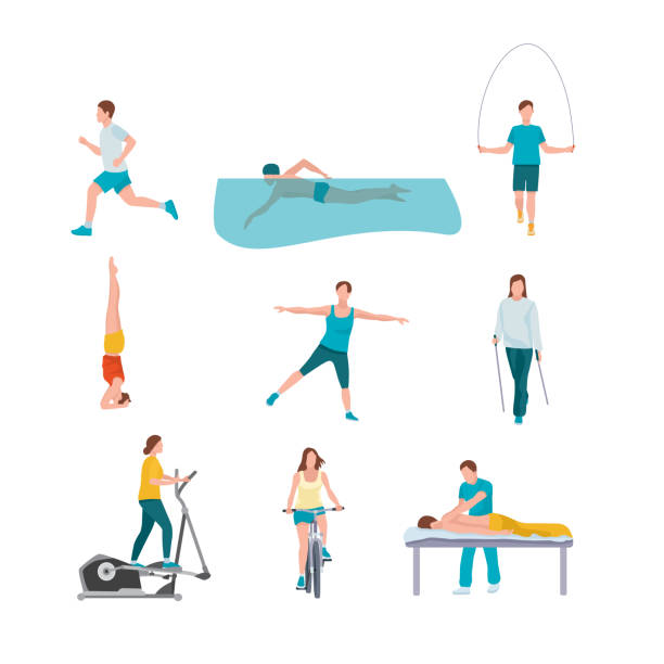 People training flat illustrations set People training flat illustrations set. Healthy lifestyle. Male, female vector characters doing sports, yoga. Man swimming in pool isolated clipart. Woman exercising in gym. Jogging, aerobics gym clipart stock illustrations