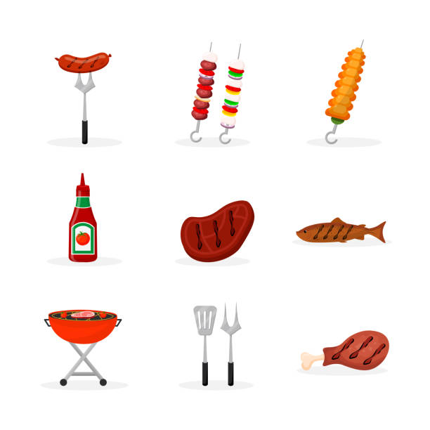 Barbeque food flat illustrations set Barbeque food flat illustrations set. Grilled pork, chicken meat and fish vector isolated cliparts. Fried sausages, kebab, vegetables. BBQ cutlery, grill pack. Cooked meal for picnic, outdoor party clip art of a forks stock illustrations