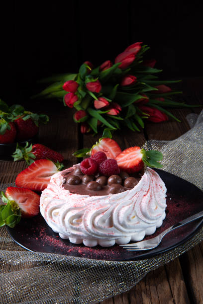 light pavlova with fresh fruits and chocolate