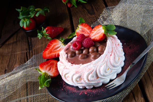 light pavlova with fresh fruits and chocolate