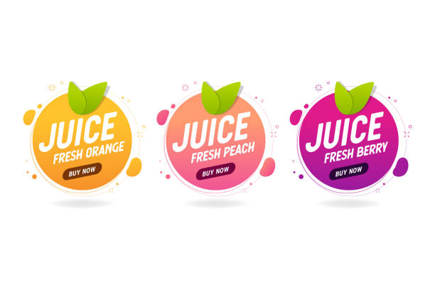 ilustrações de stock, clip art, desenhos animados e ícones de juice fresh fruit banner. orange, berry, peach healthy juice design template. - peach juice